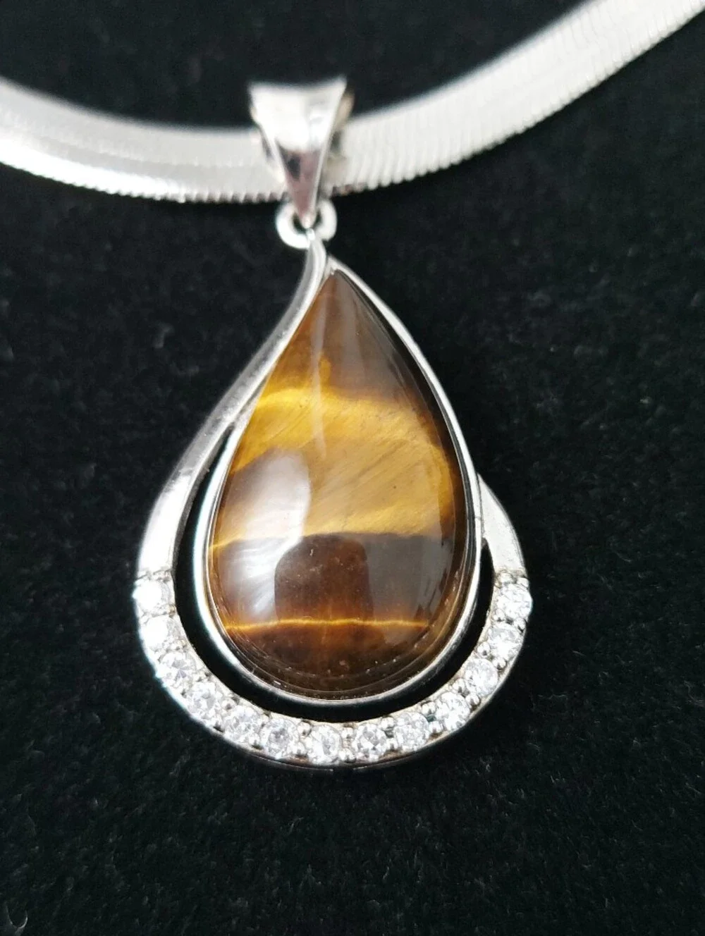 Tiger Eye Crystals Teardrop Pendant Necklace Silver Tone  Statement Necklace